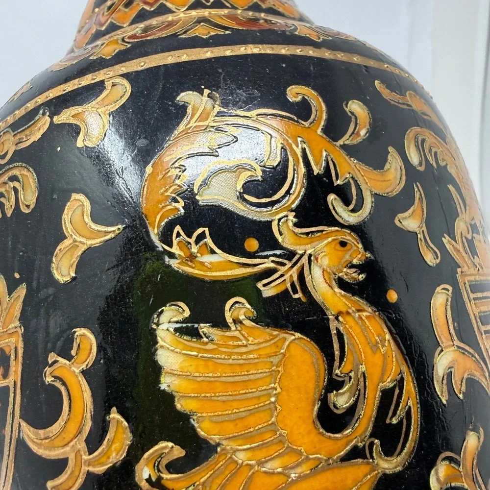 Vintage‎ Chinese Vase Black Gold French Phoenix Crest Floral Chinoiserie 11